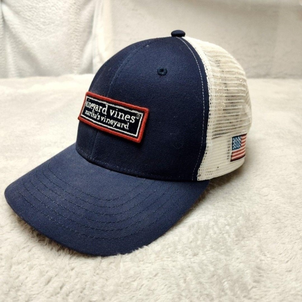 Vineyard Vines Hat Cap Strap Mens Blue Cotton Polyester Trucker American Flag